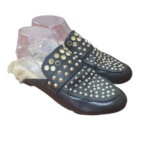 Steve Madden Jordan Studded Black Fur Lined Mule Flats Women's Size 8 Leather - Picture 2 of 16